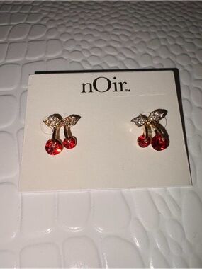 nOir Jewelry Red Crystal Cherry Stud Earrings with Gold Leaves